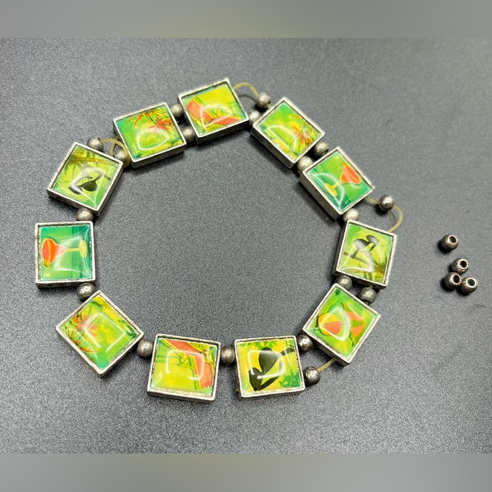 Vintage Resin Art Tile Bracelet Tropical Beach Summer Floral Silver Tone *BROKEN